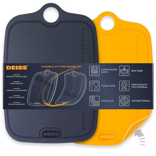 Deiss LUX Tagliere durevole in TPU per la cucina, set di 2, tagliere antiscivolo su entrambi i lati, righello incorporato, tagliere flessibile di grandi dimensioni, scanalature profonde per il succo