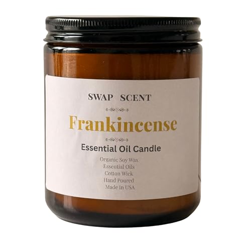 Frankincense Candle for Relaxation Organic Soy Aromatherapy Meditation Candle Clean Burning Cotton Wick 40 Hour Burn 8 oz Amber Jar SWAP SCENT
