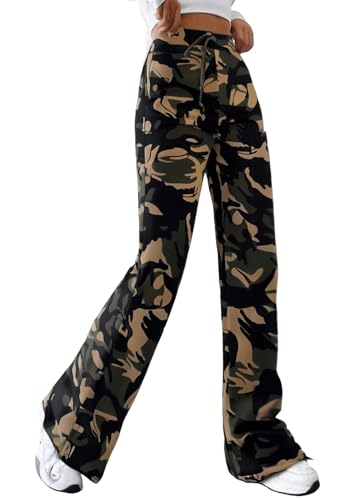 Nuofengkudu Femme Camouflage Pantalon Bootcut Jambe Large Jogging Evase Leggings Patte D'elephant Elastique Taille Haute Cordon Slim Skinny Pantalons Ado Fille...