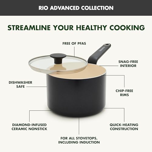 Image of GreenPan Rio Advanced 2QT Saucepan with Lid, Ceramic Nonstick PFAS-Free Pans, Induction Ready, Dishwasher and Oven Safe, Black
