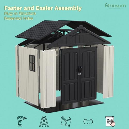 Image of Greesum 8x8FT Plastic Outdoor Storage Shed with Floor, Resin Sheds, Beige | Easy to Assemble Kick-it Shed| Eco-Friendly HDPE Material| 35% Fewer Screws| Lockable Doors with DIY Window & Multiple Vents