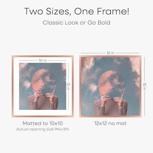 Image of Homeforia 12x12 Rose Picture Frame, High-End Metal, 10x10 Mat, Glass | High End Aluminum, Tempered Glass, Acid-Free 10x10 Removable Mat, 12x12 in Edge-to-Edge Display 12x12, Wall Kit, Set Of 2
