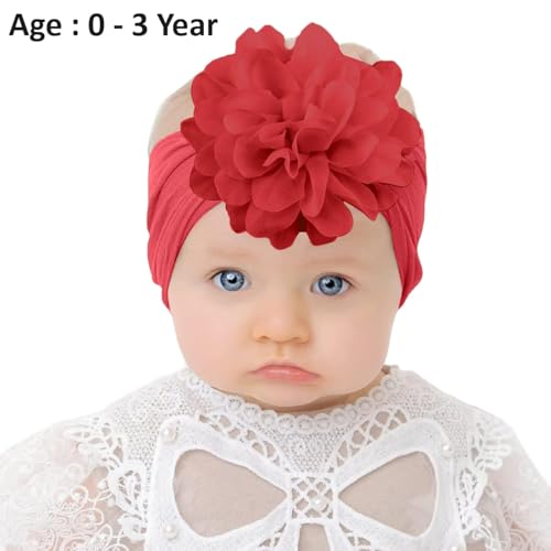 Image of SYGA PACK OF 3Headbands Nylon Flower Soft Stretchable Hairband for Newborn Infant Toddler Kids For 0-3 Year (Red-CreamPink-DarkPink)