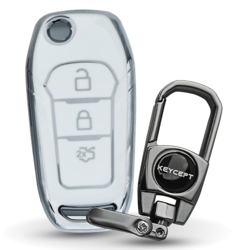 Image of KEYCEPT Silver Line TPU Key Cover Compatible with Ford Figo, Aspire, Endeavour Flip Key 3 Button with Keychain. (Type 2, White)