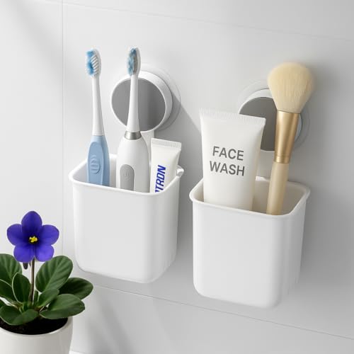 Image of Toothbrush Holder for Bathroom Wall - Pack of 2 | Self Adhesive ABS Organizer for Toothpaste, Comb, Sponge, Remote, Shaving Brush | Wall Mounted Bathroom Storage Box