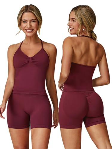 ABOCIW Workout Sets for Women 2 Piece Seamless Impact Longline Strappy Top Scrunch Butt High Waist Biker Shorts Gym Set