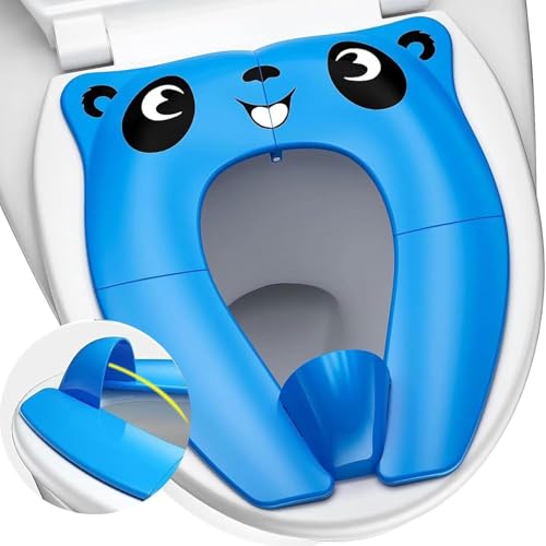 Fiegcit 補助便座 幼児用便座 子供用 トイレットトレーナ 折りたたみ 携帯便利 (収納ポーチ付) 対象年齢 1 歳から 8 歳まで (ブルー,パンダ)