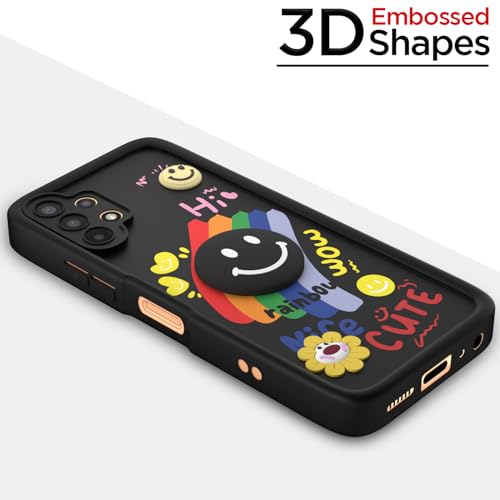 Image of Pikkme Back Cover for Samsung Galaxy A13 4G / A13 5G | Soft Silicone| Cute Rainbow Smile & 3D Cartoon Flower Design | Shockproof Raised Camera Protection Bumper Case (Black)