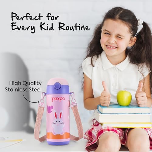 Image of Go24 pexpo Pixy ISI Certified Stainless Steel Water Bottle for School Kids - 300ml | Hot & Cold Vacuum Insulated Flask | Leak Proof | Carry Strap | School, Picnic, Sports - Baby Pink Rabbit