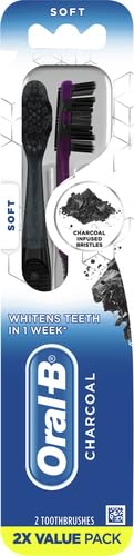 Image of Oral-B 3D White Charcoal Toothbrush, 2 Count Soft Manual tootbrush Pack, Whitens Teeth, removes Plaque and Stains, Tongue Scraper Tooth Brush (Pack of 3)