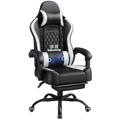 Yaheetech Gaming Stuhl, Ergonomischer Gaming-Stuhl mit Massagefunktion & Ausziehbarer Fußstütze, Verstellbare Rückenlehne, Höhenverstellbar, PC-Stuhl Computerstuhl Drehsessel (Schwarz & Weiß)