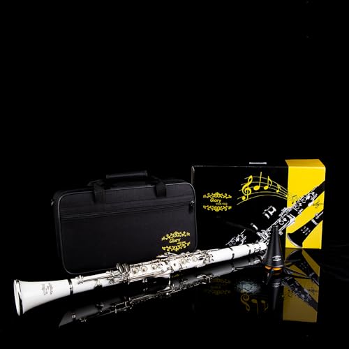 Image of Glory GLYCLAWH Professional Ebonite Bb Clarinet with 10 Reeds, Stand, Hard Case, Cleaning Cloth, Mouthpiece Brush and Pad Brush,White /Silver