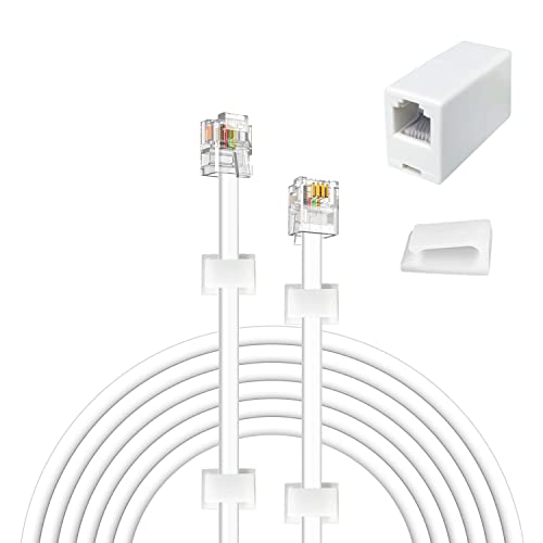 YOLISTIC 50 Feet Telephone Cable(RJ11 6P4C Plug) Include 1 in-Line Couplers(Double RJ11 6P4C Female) and 30 Cable Clips, White