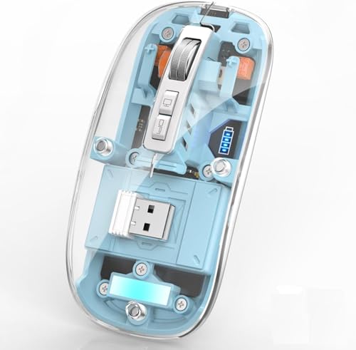 QIIVI Bluetooth Wireless Mouse Tri-Mode (Dual BT5.1+2.4GHz) USB C Rechargeable Computer Mouse Full Transparent Silent Mouse with USB Receiver & Type C Cable (Blue)