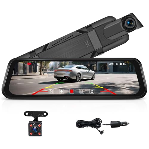 CAMECHO Mirror Dash Cam, 9.66' 1080P FHD IPS Touch Screen Rear View Mirror Camera, Front and Backup Camera for Cars, Dashcam Night Vision, Loop Recording, Wide Angle, Parking Assistance