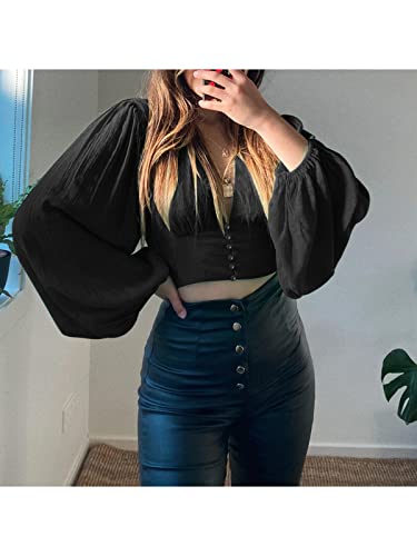Zanzea Women’s Deep V Neck Lantern Long Sleeve Blouses Sexy Casual Slim Solid Tops Black Large #TOP1