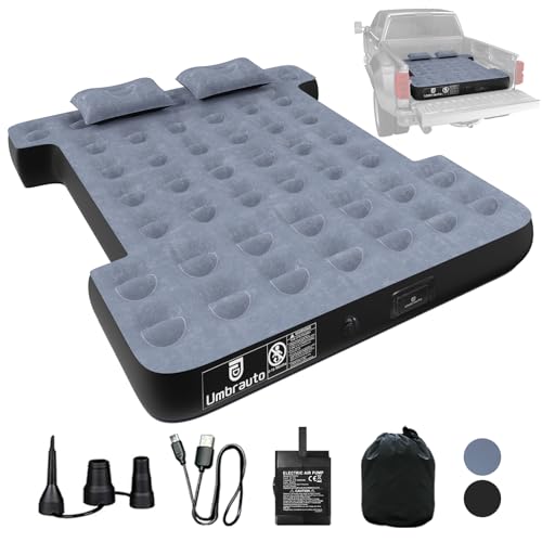 Umbrauto Colchón de cama de camión para 5.5 a 5.8 pies, colchón de aire recargable de tamaño completo con bomba integrada para acampar al aire libre (gris)