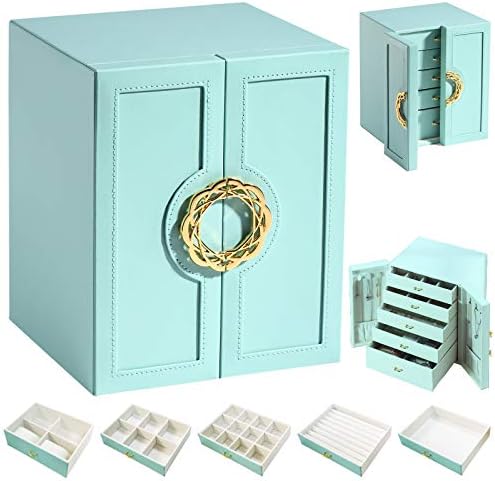 Jewelry Box for Women Jewelry Organizer Storage Box Necklace Organizer Sunglasses Jewelry Organizer Ring Organizer 6 Tier Drawers Faux Leather Velvet Lining, Gift for Girls or Women (Teal)