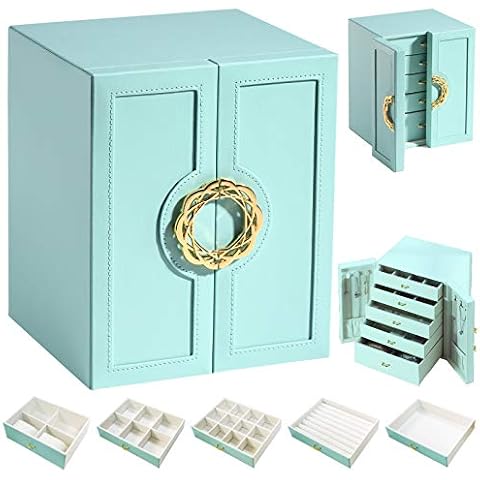 Jewelry Box for Women Jewelry Organizer Storage Box Necklace Organizer Sunglasses Jewelry Organizer Ring Organizer 6 Tier Drawers Faux Leather Velvet Lining, Gift for Girls or Women (Teal) Cover