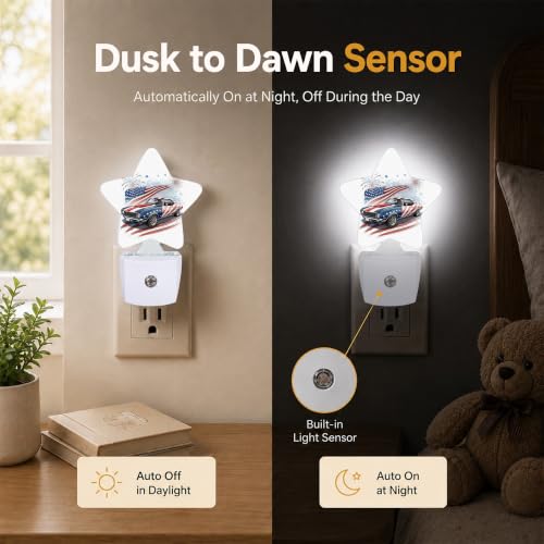 Image of Star Night Light Plug in, American Flag Dusk to Dawn Sensor Night Light, Soft Glow Lamp for Kids Bedroom Nursery Hallway Bathroom, Energy Saving Compact Design
