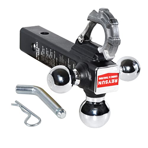 Image of Trailer Hitch Tri-Ball Hitch with Hook, Tactical Tow Ball Hitch, Fits 2-inch Hitch Receiver, Chrome Triple Balls with Hitch Pin and Clip