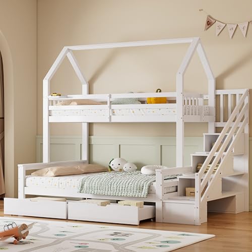 Arhatreya Litera de 90/140 x 200 cm, cuna con escalera, cama con cajones y estantería, litera con barrera anticaídas, cama para niños y adolescentes (sin colchón) pino blanco