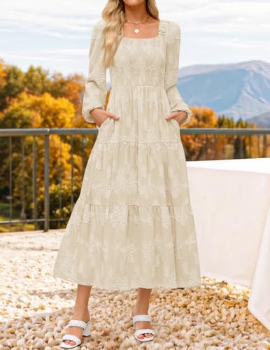 ZESICA Women's 2025 Fall Floral Midi Dress Long Sleeve Smocked Flowy Long Wedding Guest Vacation Dresses3
