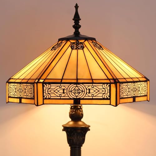 WERFACTORY Tiffany Style Floor Lamp Yellow Hexagon Stained Glass Mission Standing Type Reading Light 16X16X64 Inches Antique Pole Corner Lamp Decor Living Room Bedroom Home Office S011 Series
