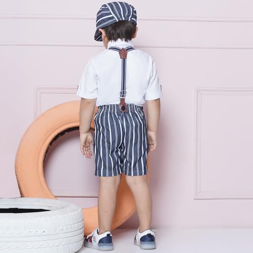 Image of AJ DEZINES Kids Cotton Blend Stripes Shirt Shorts With Cap and Suspender Set For Boys