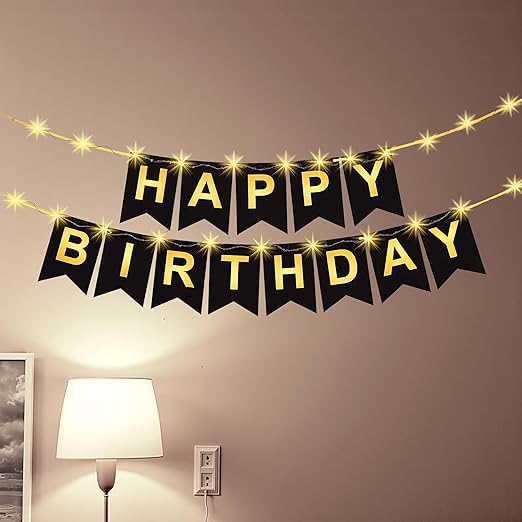 Happy Birthday Banner Black | Birthday Wall Banner with Light | Happy Bday Paper Banners for Boys and Girls | Black HBD Banner for Kids