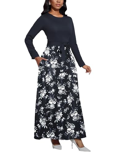 Image of BubFee Long Dress for Women Casual Long Sleeve Dresses Maxi Dress Empire Waist Loose with Belt