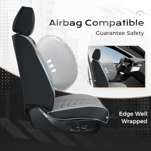 Image of Coverado Front Seat Covers, Leather Car Seat Covers Luxury Automotive Seat Covers for Cars, Waterproof Car Seat Protectors Car Seat Cushion Universal Fit for Most Cars Trucks SUV Vehicles, Black&Gray