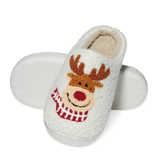 Image of PepStep Cozy House Slippers for Women, White Plush with Reindeer Design, Fleece Lined, Indoor Winter Comfort (L(9-10), Adult, Women, Large, Alpha, US Footwear Size System, Medium)