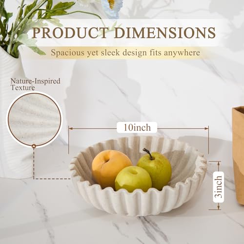 Aifeorzo Large Decorative Bowl, Resin Fruit Bowl for Kitchen Counter, Scalloped Ruffle Entryway Bowl, 10 Inch Modern Purse Bowl for Home Decor, Artificial Stone Beige by Aifeorzo - Image 3
