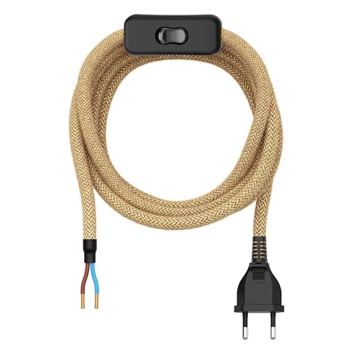 ledscom.de Prise européenne type C avec câble textile, interrupteur, 2 m, beige, 2 x 0,75 mm².
