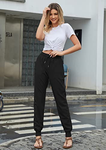 Hose Damen Sommer Casual Baumwolle Leinen Stoffhose Einfarbig Freizeithose Stretch Leicht Leinenhose Straight Leg Hose und Taschen (Z Schwarz, L)
