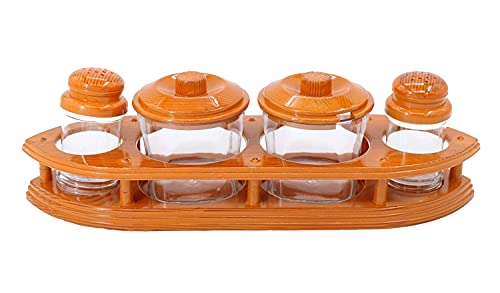 Image of Nabhya Complete Dining Table Set of Pickle Jars, Salt and Pepper Dispenser, Toothpick Holder and Spoon Holder(Wooden Look Design, Plastic) (StarCruz)