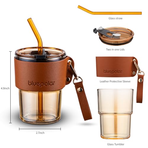 Image of BLUEPOLAR 13 oz Tumbler Water Glass, Water Bottle with Straw and Dustproof Lid, Coffee Ice Cup Double Wall Insulated Glass Cup (White with Sleeve and Strap)