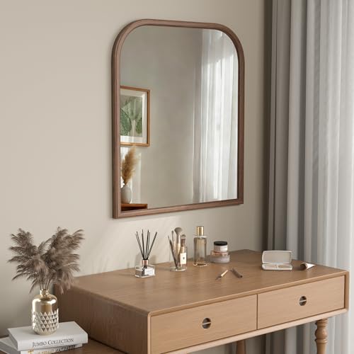 Image of 28 inchx32 inch Arch Wall Mirror for Wall, Wall Mounted Vanity Mirror for Bedroom, Wood Grain Finish Frame Mirror with Tempered Glass, Vintage Decorative for Bathroom, Entryway, Living Room, Walnut