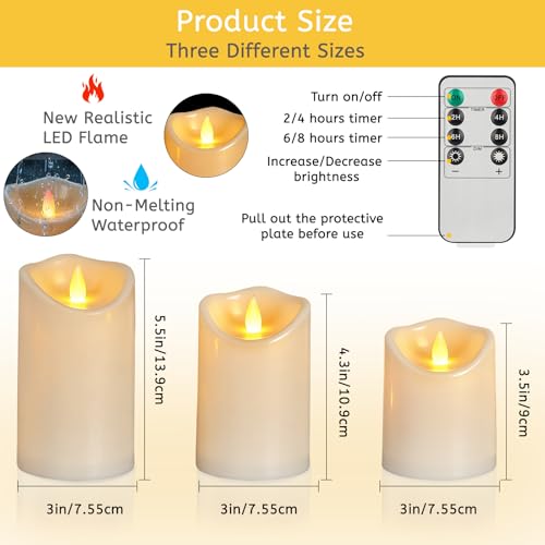 Image of Flameless Candles 4 inch 5 inch 6 inch Set of 6 Outdoor Indoor Pillars Battery Operated Flickering Candles Include 8-Key Remote Timer Function, Ivory Fake Plastic Candles for Wedding, Aniversary,Christmas Decor