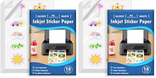 Euqvunn 18 Sheets Feuille Autocollante Imprimante A4, Blanc Brillant Imperméable Vinyle Imprimable Papier Autocollant, Feuille Complète Autocollante pour Jet d’Encre, Séchage Rapide, 210x297mm