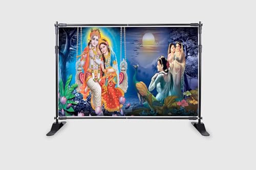 Image of Radha Krishnaji on Jhula Design Backdrop Curtain for Decoration Backdrop Cloth for Pooja Traditional /Background Curtain Fabric-Polyster Size-5Feet Height and 8Feet Width(5 * 8)