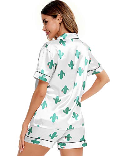 Image of SWOMOG Womens Silk Satin Pajamas Set Short Sleeve Sleepwear Button Down Top and Shorts Loungewear 2 Piece Pjs Set XS-3XL(Cactus White, XX-Large)