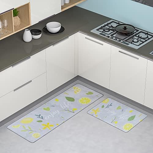 ALL PRIDE Kitchen Mat Non Slip Kitchen Rug 2Pcs Anti Fatigue Rugs Soft Washable Waterproof for Bathroom Floor Home Stand 17x27‘’+17x47‘’ Grey Lemon Large
