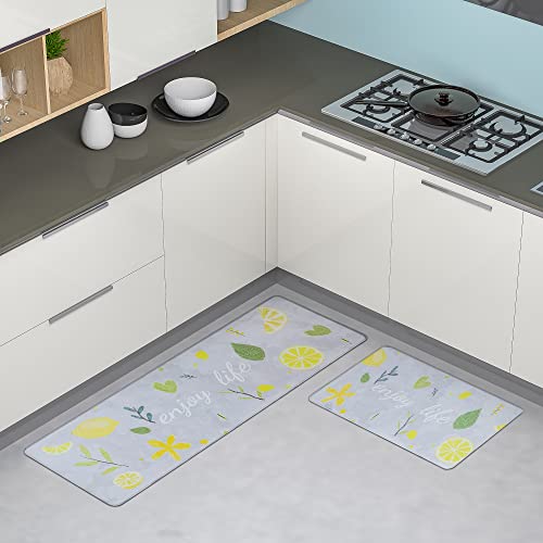 All Pride Kitchen Mat Non Slip Kitchen Rug 2Pcs Anti Fatigue Rugs Soft Washable Waterproof For Bathroom Floor Home Stand 17X27‘’+17X47‘’ Grey Lemon Large #TOP30