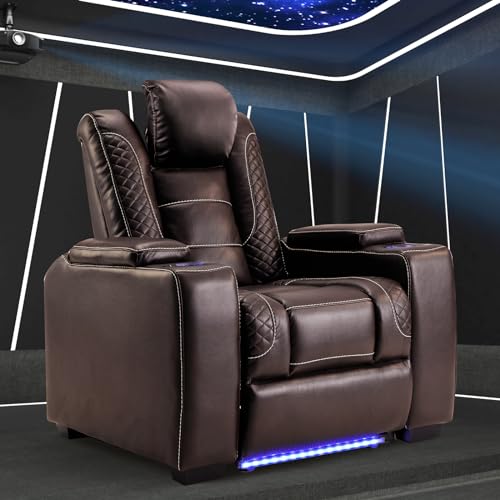Image of ANJ Power Home Theater Seating Recliner Chairs, PU Leather Recliner with Cup Holder, Electric Movie Theater Reclining Chairs with Adjustable Powered Headrest, LED Lights, Hidden Arm Storage (Brown)