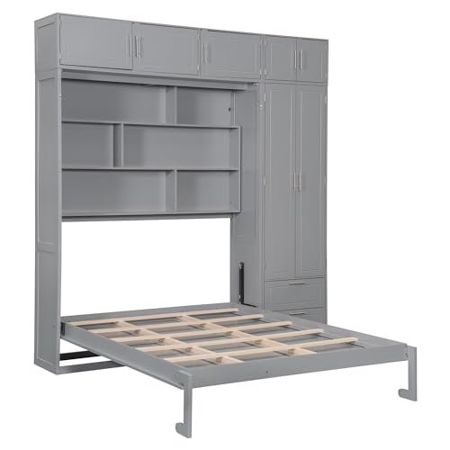 Image of Merax Queen Size Murphy Bed with Shelves, Top Cabinet and Wardrobe, Fold into The Wall, Space-Saving Design Foldable Platform Bed Frame for Bedroom, Guest Room, Home Office, Gray
