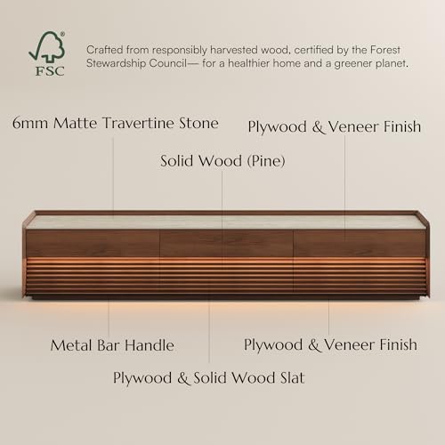 Image of POVISON Fully-Assembled Mid Century Matte Sintered Stone TV Stand, 94.49 inch Wood Media Console with Adjustable LED Light, Entertainment Center with Storage for Living Room