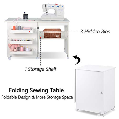 NSdirect Sewing Table, Foldable Sewing Craft Cart&Sewing Cabinet Miscellaneous Sewing Kit Art Desk with Storage Shelves and Lockable Casters, White
