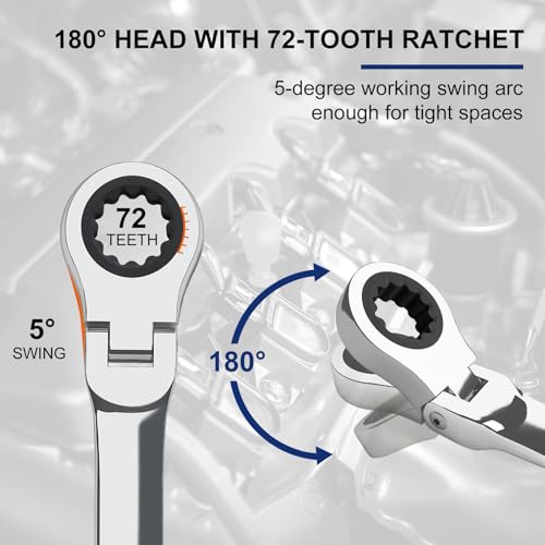Image of Egofine 8mm Ratchet Wrench Flex Head, Ratcheting Combination Wrench Metric, Industrial Grade Gear Spanner with 12 Point Box End, 72-Teeth Ratchet, Chrome Vanadium Steel